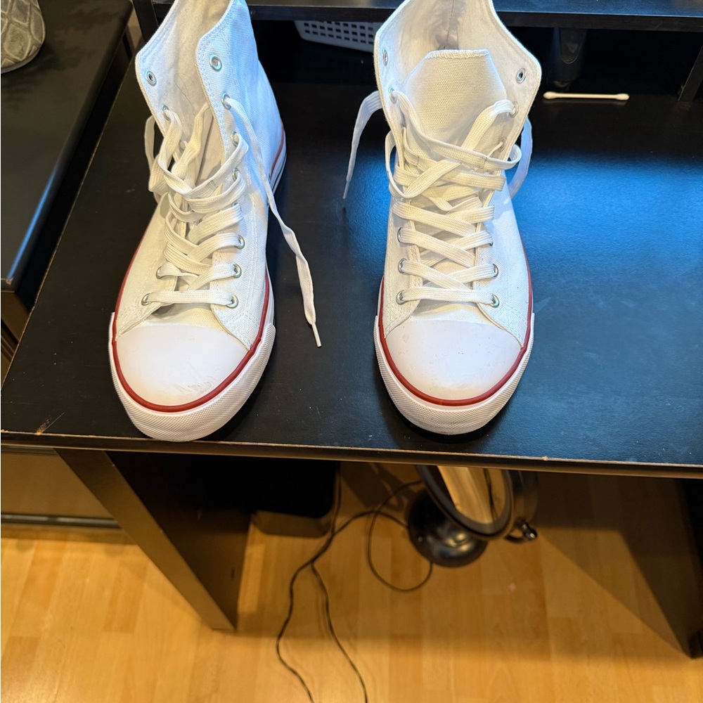 White High-Top Sneakers with Red Trim